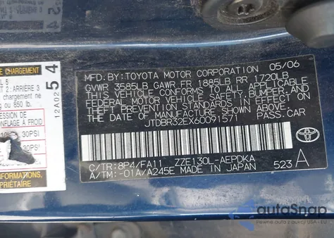 2006 Toyota Corolla Ce from USA, damaged, VIN JTDBR32EX60091571